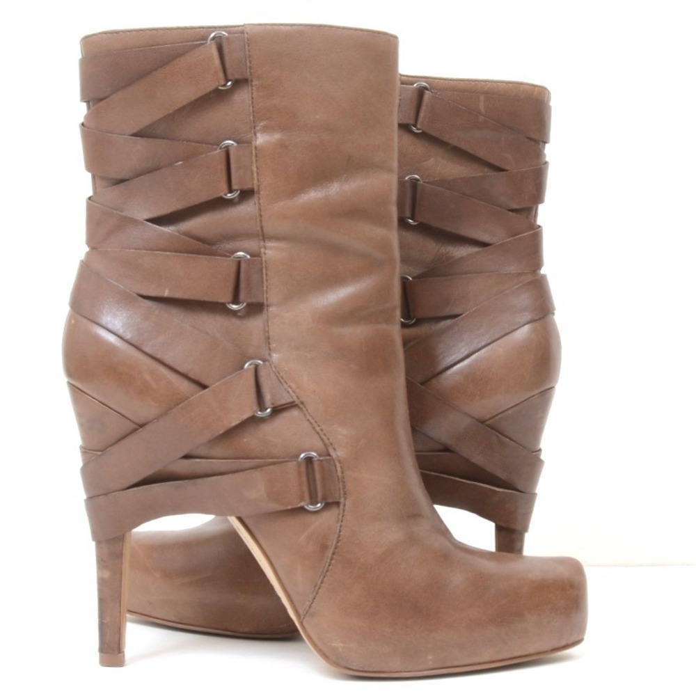Boutique 9 Women's Leather Mid-Calf Boots Size 10M Brown Strappy Buckle Stiletto